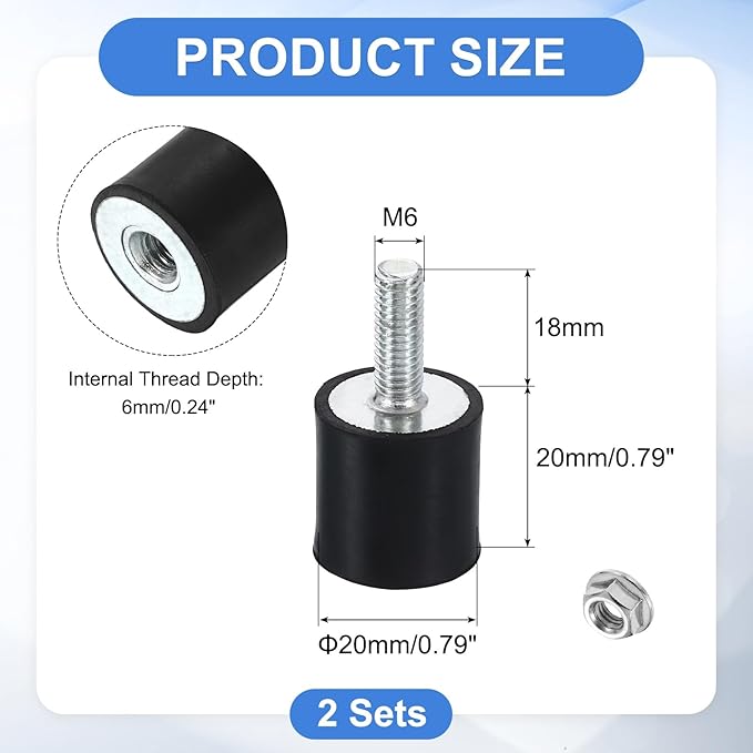 uxcell M6 Rubber Mounts, 2Pcs 20x20mm(DxH) Rubber Cylindrical Anti Vibration Isolator Shock Absorber with Lock Nut for Car Bobbin Generator Air Compressors