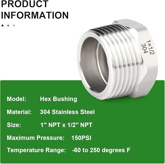 TAISHER 5PCS 304 Stainless Steel New Reducer Hex Bushing, 1" NPT Male x 1/2" NPT Female, Reducing Pipe Adapter Fitting