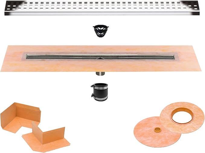 All-in-one Waterproof Linear Shower Drain Kit with 36 Inch Center Outlet Channel Body (KL1V60E90) and Drain Grate Assembly (Cover) in Square Design with Chrome Finish (KL1B19EP90)