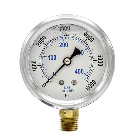 PIC Gauges PRO-201L-254S 0-6000 PSI Pressure Gauge, 2 1/2" Dial, 1/4" Male NPT Connection, Bottom Mount, Dual Scale, Glycerin Filled, Stainless Steel Case/Bezel, Brass Internals & Plastic Lens, 0/15
