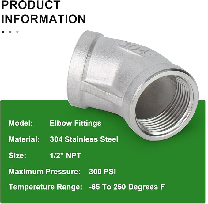 TAISHER 5PCS 304 Stainless Steel 45 Degree elbow,1/2 Inch NPT Female Pipe to 1/2 Inch NPT Female 304 Stainless Pipe Fitting