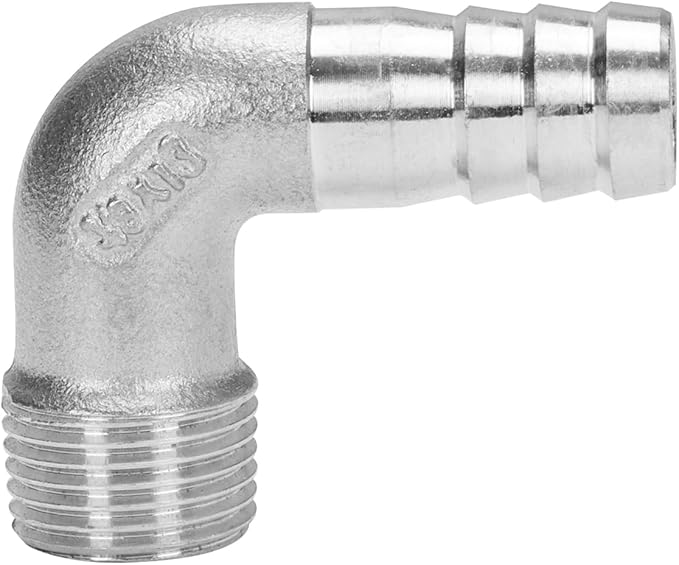 DERNORD 1/2" Hose Barb x 3/8" Male NPT Stainless Steel 90 Degree Elbow- Home Brew Pipe Fitting