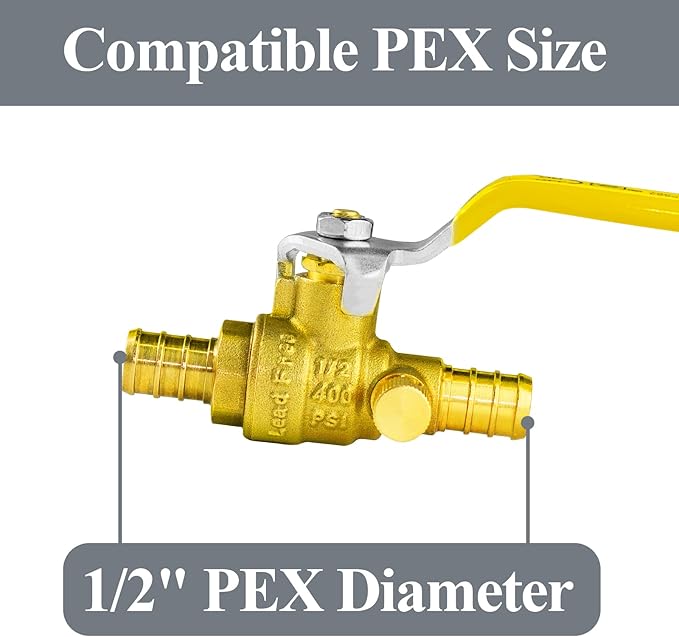WiseWater 1/2 Inch X 1/2 Inch PEX Ball Valve with Drain, Brass Plumbing Fitting, Full Port Water Stop Shut Off Valve (5pack)