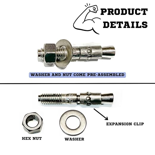 Wedge Anchors – Heavy-Duty 304 Stainless Steel Expansion Bolts for Concrete & Masonry, Rust-Resistant & Durable - 3/8" X 2-1/4" - 25 Pack