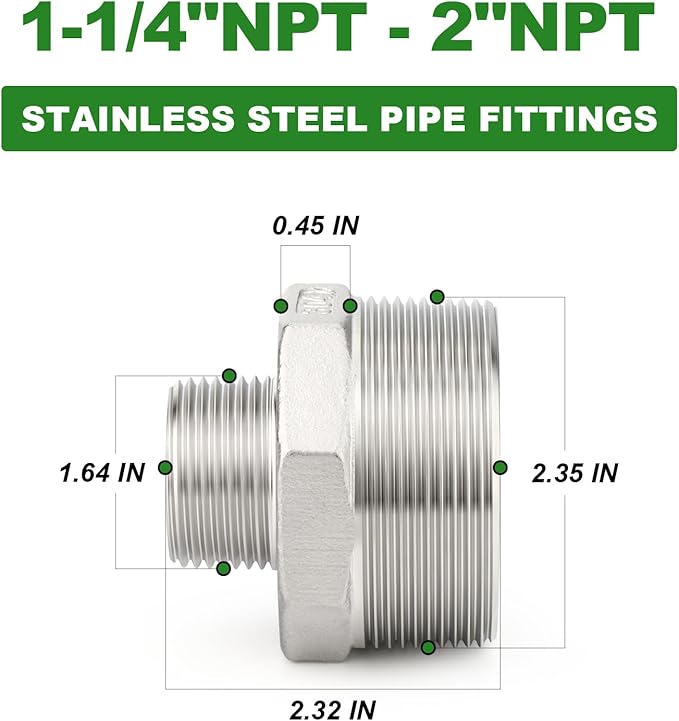 TAISHER 2PCS Cast 304 Stainless Steel Hex Nipple, Reducer Pipe Fitting 2" NPT Male x 1-1/4" NPT Male