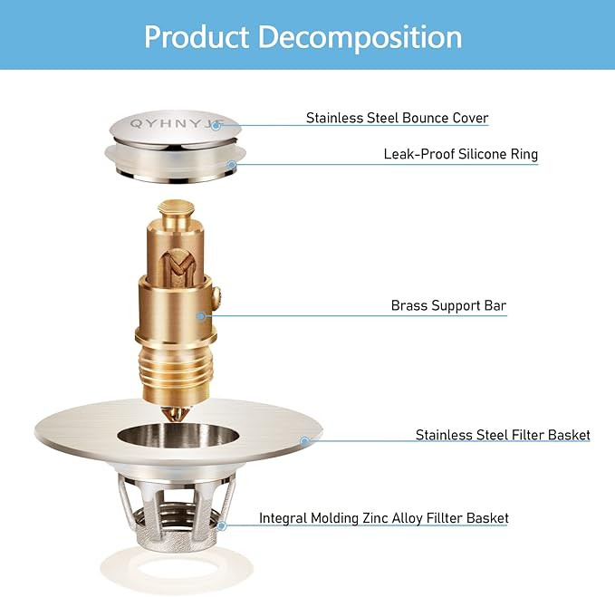 Bathroom Sink Stoppers Brushed Nickel，Pop Up Drain Stopper for Bathroom Sink，‎2-in-1 Sink Stopper & Strainer,Universal Wash Basin Sink Stopper，for 1.1"~1.5" Bathroom Sink Drain Pipe（Brushed Nickel）