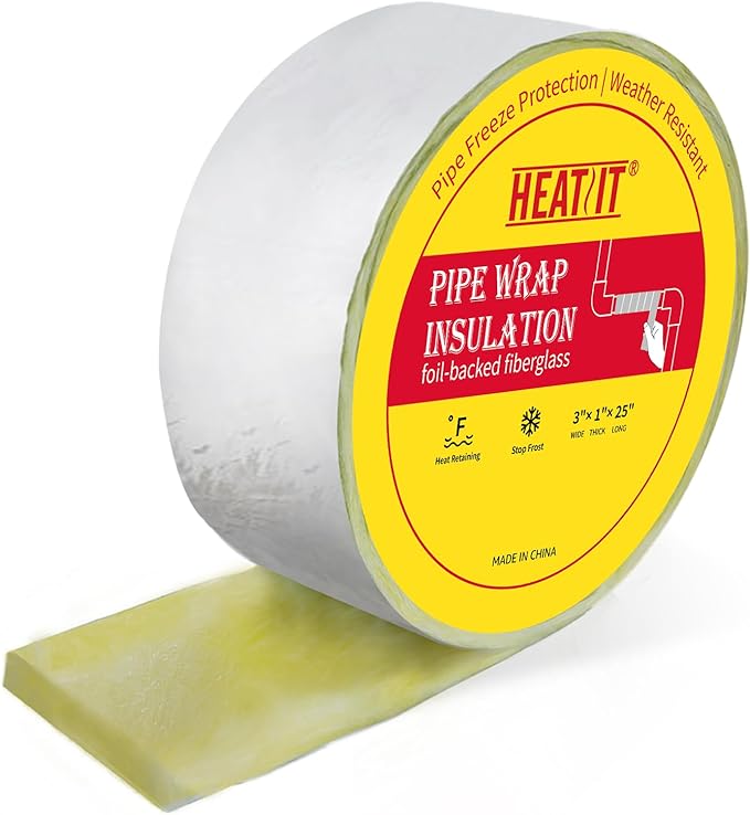 HEATIT Foil-Backed Fiberglass Pipe Wrap, Pipe Insulation Wrap for Outdoor,Foam Wrap for Freezing Weather Protection,3" Wide x 1" Thick x 25' Long (1Pack)