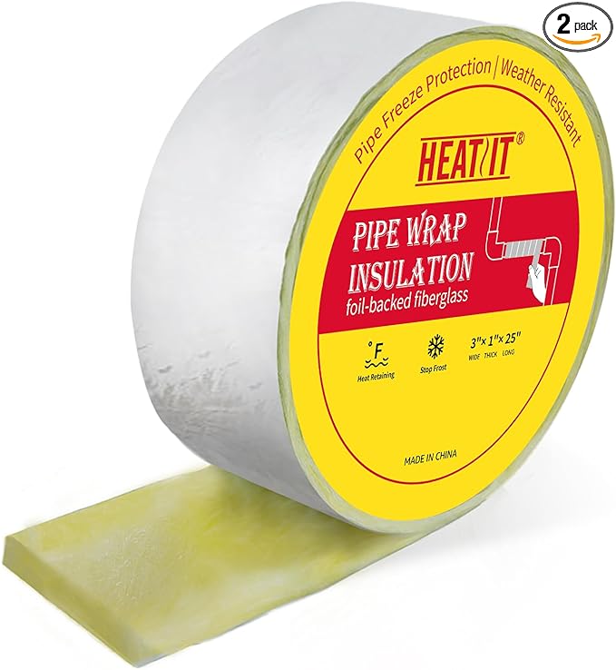 HEATIT Foil-Backed Fiberglass Pipe Wrap, Pipe Insulation Wrap for Outdoor,Foam Wrap for Freezing Weather Protection,3" Wide x 1" Thick x 25' Long (2Pack)