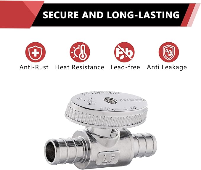 (Pack of 20) EFIELD 1/4 Turn Straight Stop Valve (Shut-off Valve), Barb Crimp 1/2" Pex X 1/2" Pex Chrome Plated, ASTM F1807, UPC Certified,(VALVE105-20PCS)