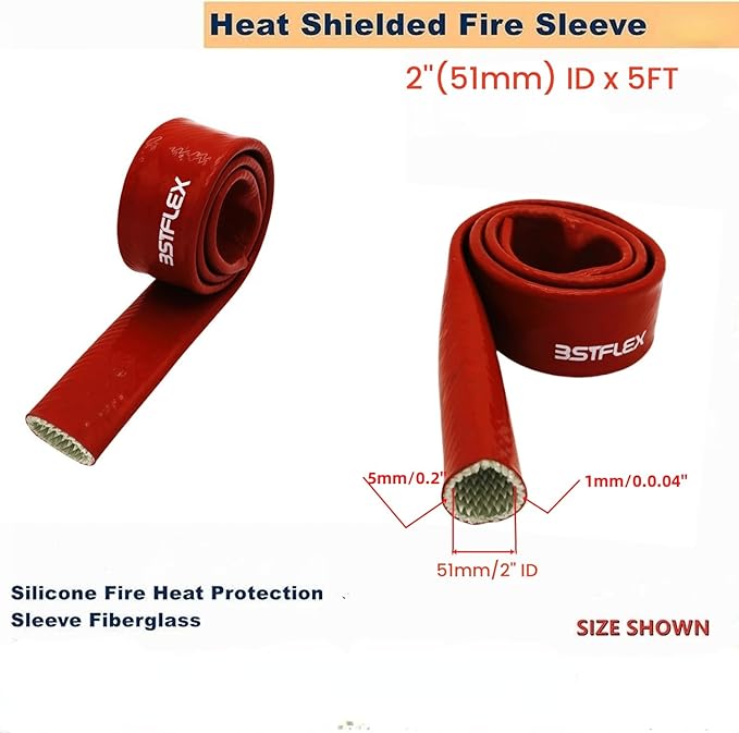 2"(51mm) ID Heat Shielded Fire Thermo Armor Fire Sleeve Silicone Coated Fiberglass for Automotive Hose Lines & Electrical Wiring Red, 5 feet