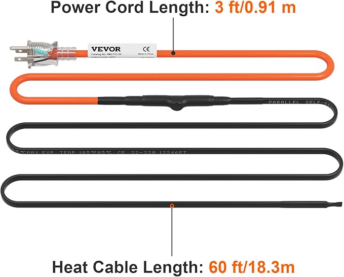VEVOR Self-Regulating Pipe Heating Cable, 60-feet 5W/ft Heat Tape for Pipes Freeze Protection, Protects PVC Hose, Metal and Plastic Pipe from Freezing, 120V