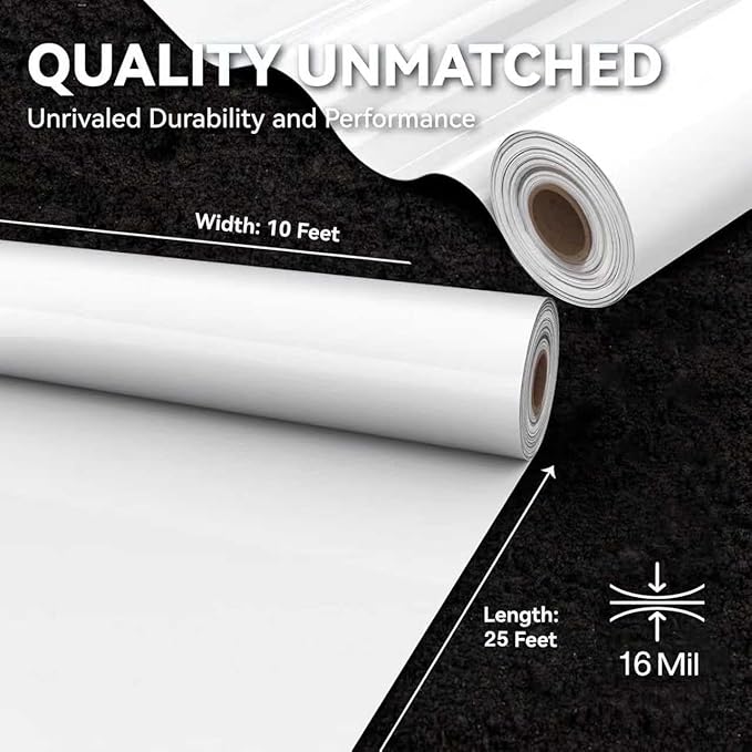 Crawl Space Vapor Barrier, 16 Mil Vapor Barrier, 10'x25', White Plastic Sheeting - Thick Plastic Sheeting, Heavy Duty Polyethylene Film, Drop Cloth Vapor Barrier Covering for Crawl Space, Basement