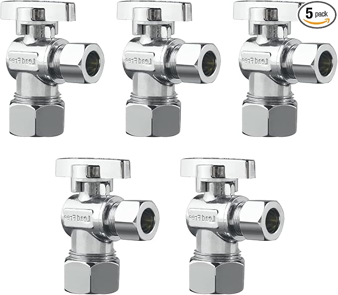 WiseWater Angle Stop Valve 1/2" Nominal (5/8" OD) x 3/8" Compression, 1/4 Turn Toilet Shut Off Reinforced Chrome Plated Brass Fittings for Bathroom, Toilet, Kitchen (5-Pack)