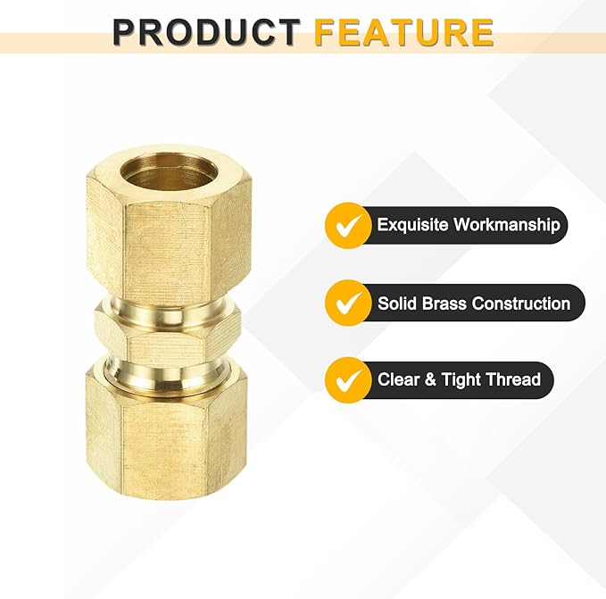 uxcell 3Pcs Brass Compression Tube Fitting, 1/2" Tube OD x 1/2" Tube OD Connector Straight Coupling Adapter Union Fittings
