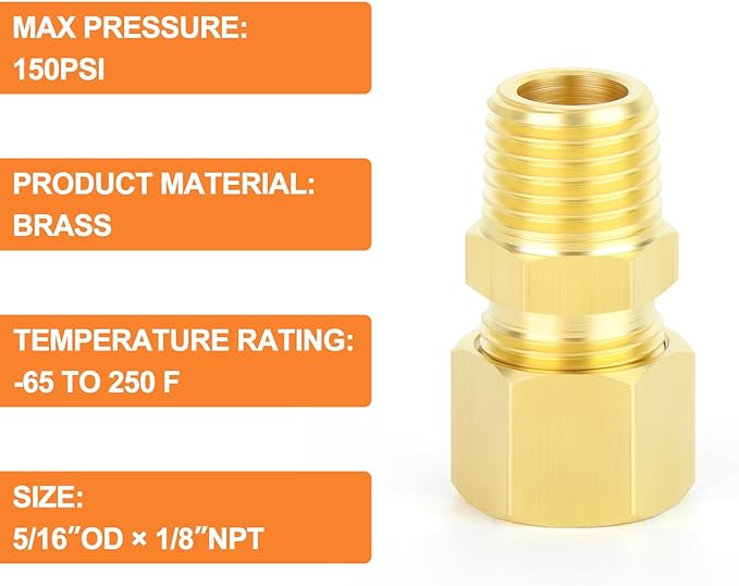 GASHER 10PCS Brass Compression Tube Pipe Fitting Connector, Straight Coupling Adapter 5/16" Tube OD x 1/8" NPT Male Connector