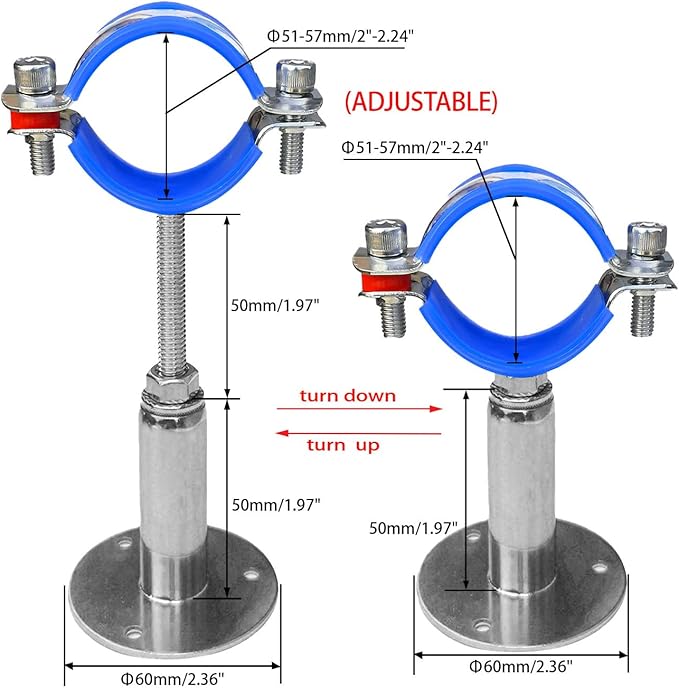 Wall Mount Ceiling Mount Pipe Supports,Adjustable Pipe Clamps Stainless Steel 304,2PCS Suitable for Pipe OD 51-57mm Adjustable Height 50-100mm