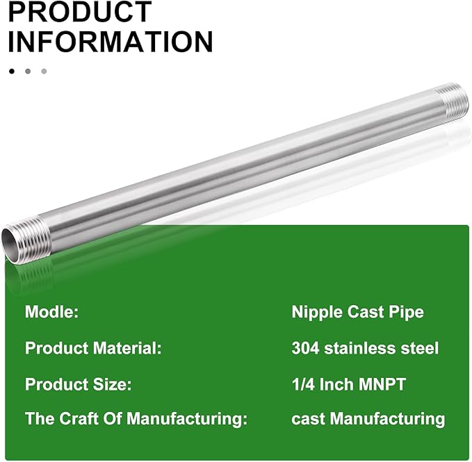 TAISHER 4PCS Stainless Steel Pipe Fittings, 1/4" NPT x 1/4" NPT Male Threaded, 12" Length Nipple Cast Pipe