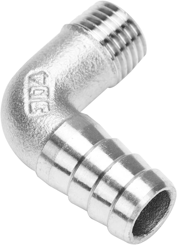 DERNORD 1/2" Hose Barb x 1/4" Male NPT Stainless Steel 90 Degree Elbow- Home Brew Pipe Fitting