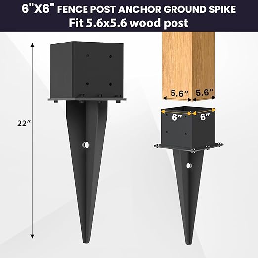 1 Pcs 6"x6" Fence Post Anchor Ground Spike 22"(Actual 5.6"x5.6") Heavy Duty Metal Fence Post Anchor with Black Powder-Coated for Deck,Fence,Porch,Railing,Mailbox
