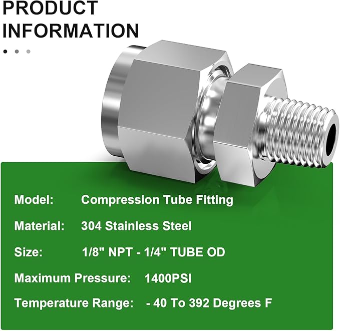 TAISHER 5PCS 304 Stainless Steel Compression Tube Pipe Fitting Connector, 1/4" Tube OD x 1/8" NPT Male Straight Adapter