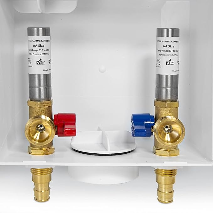 EFIELD Washing Machine Outlet Box, 1/2" Pex-A F1960 Expansion Connection x 3/4" MHT Connection, Stainless Steel Water Hammer Arrestor, Center Drain with 1/4 Turn Valves Installed,(WM008)