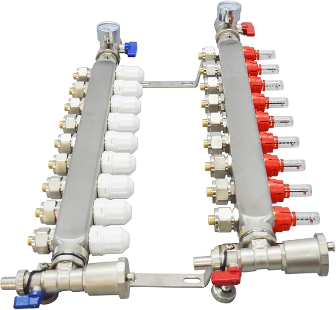 9 Branch PEX Radiant Floor Heating Manifold Set Floor Heating Water Distributor 1/2" Pipe Adapter 308 Stainless Steel and Brass, for Heating Systems