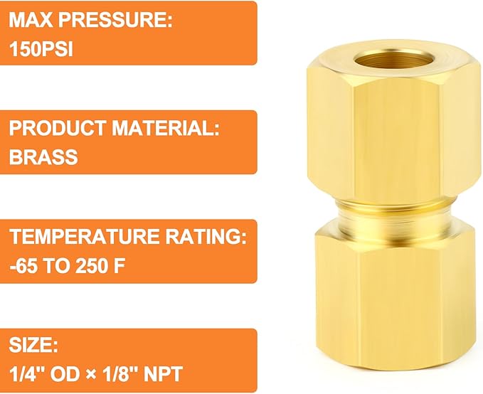 GASHER 10PCS Brass Compression Union Tube Pipe Fitting Connector, 1/4" Tube OD x 1/8" NPT Female Connector