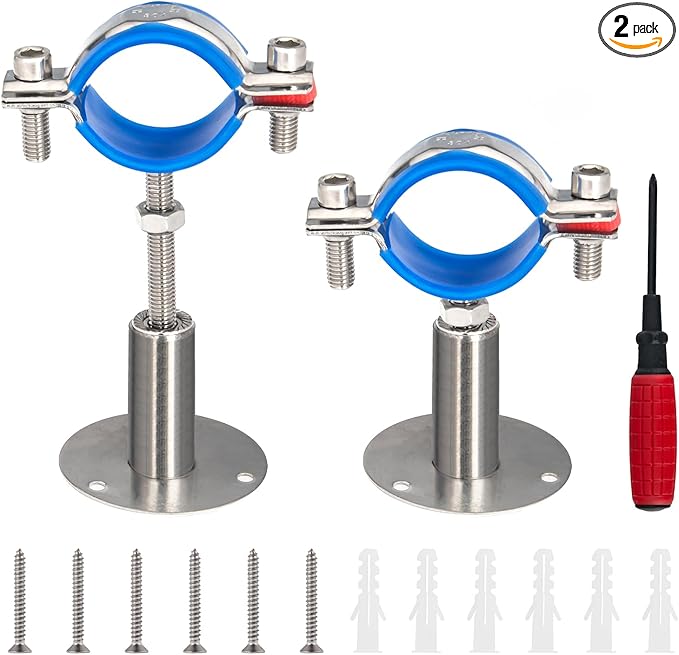 Kodilin 2PCS 304 Stainless Steel Wall Mount Ceiling Mount Pipe Supports,Suitable for OD Pipe 1-1/2"(42-45mm),Adjustable Height 50-100mm,Adjustable Pipe Strap Clamp with Screws