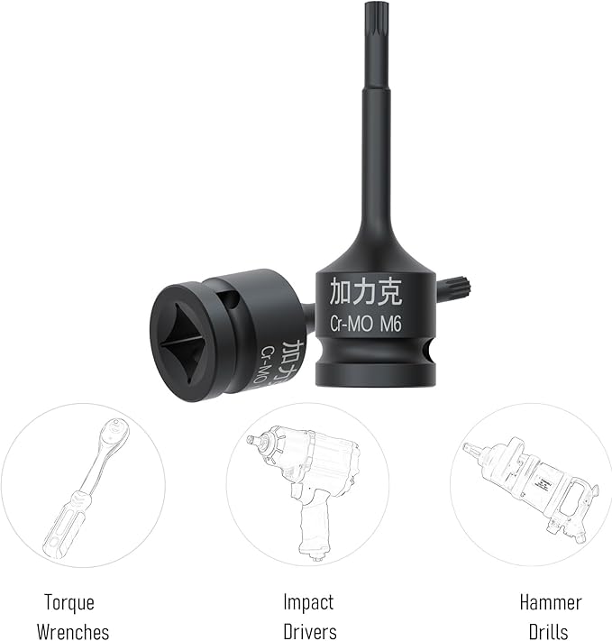 1/2-Inch Drive x M6(6mm） Impact XZN Triple Square Spline Bit Socket, Metric Lengthen Screwdriver Socket Adapter, 3-Inch Length, CR-MO Steel, One-Piece Construction, Black