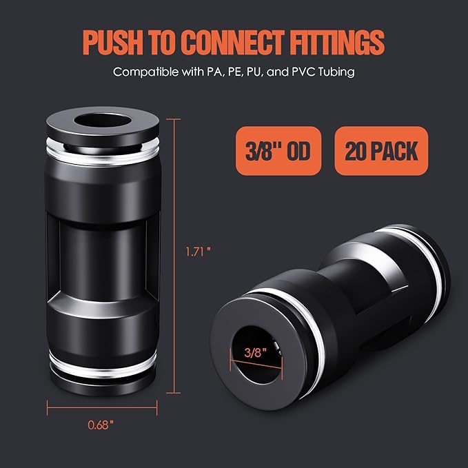 3/8" OD Push to Connect Fittings – Air Line Straight Connectors, Quick Connect Pneumatic Fittings, Push Lock Air Hose Fittings for Compressor, Air Tools & Tubing (20 PCS)