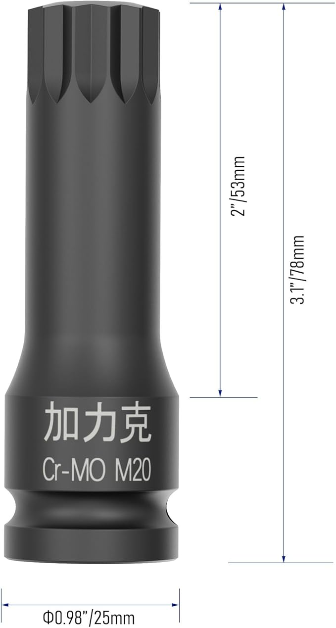 1/2-Inch Drive x M20(20mm） Impact XZN Triple Square Spline Bit Socket, Metric Lengthen Screwdriver Socket Adapter, 3-Inch Length, CR-MO Steel, One-Piece Construction, Black