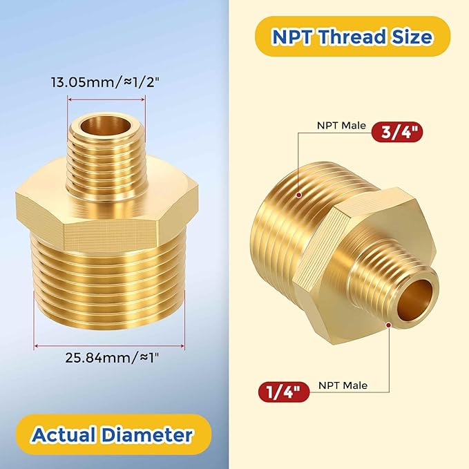 2 Pack Brass Pipe Fittings, 3/4" NPT Male to 1/4" NPT Male Brass Hex Nipple, Male Pipe Adapter Reducer for Air, Oil, LP