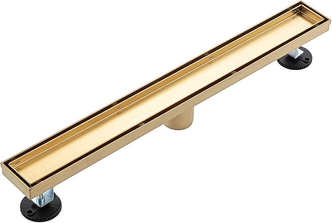 24 inch Linear Shower Drain with Removable Square Hole Panel by Using Brushed 304 Stainless Steel Process, Linear Drain Equipped with Adjustable Feet and Hair Strainer(Brushed Gold Color)