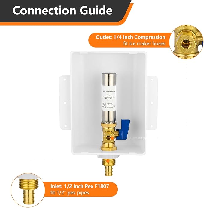 HeSun PEX Crimp Ice Maker Outlet Box,Inlet 1/2 Inch F1807 x Outlet 1/4 Inch OD Compression Connection,with Stainless Steel Water Hammer Arrestor