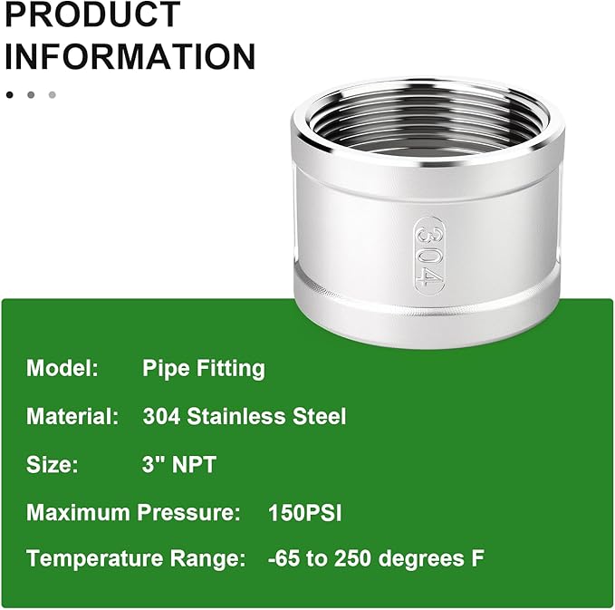 TAISHER 1PCS 304 Stainless Steel Cast Pipe Fitting, Coupling, 3" NPT Female Threaded