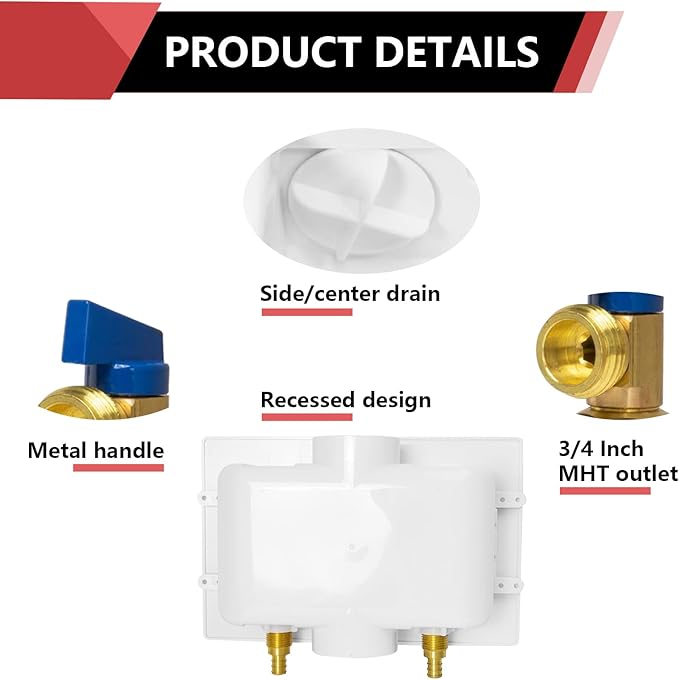 EFIELD Washing Machine Outlet Box, 1/2" Pex-A F1960 Expansion Fitting Connection x 3/4" MHT Connection, Center Drain with Brass 1/4 Turn Valves Installed,(WM003)