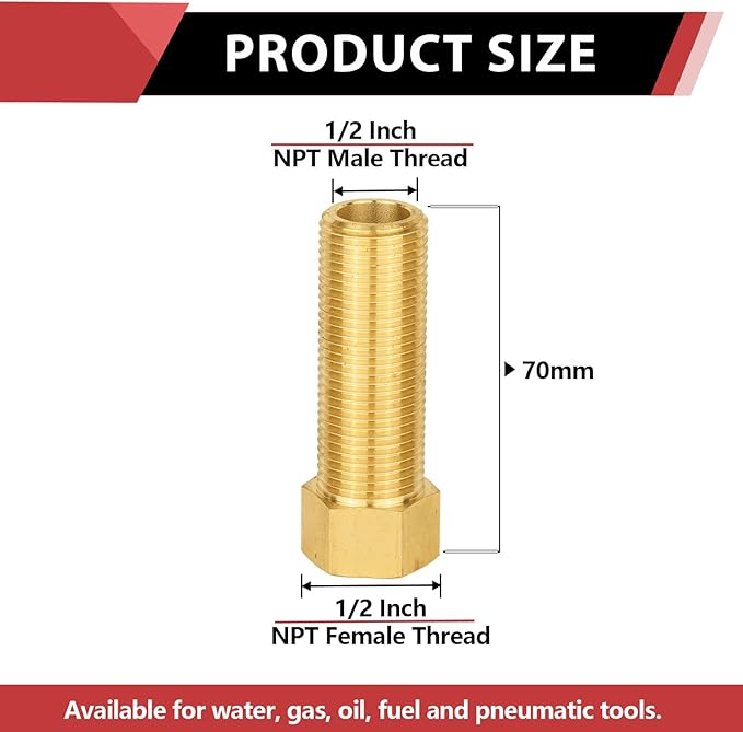 (Pack of 2) EFIELD 1/2" Male Pipe(NPSM) x 1/2" Female Pipe(NPSF) Extension Brass Fitting Adapter, 70MM Length, Hex Connector with Sealing Tape,(NPT138)