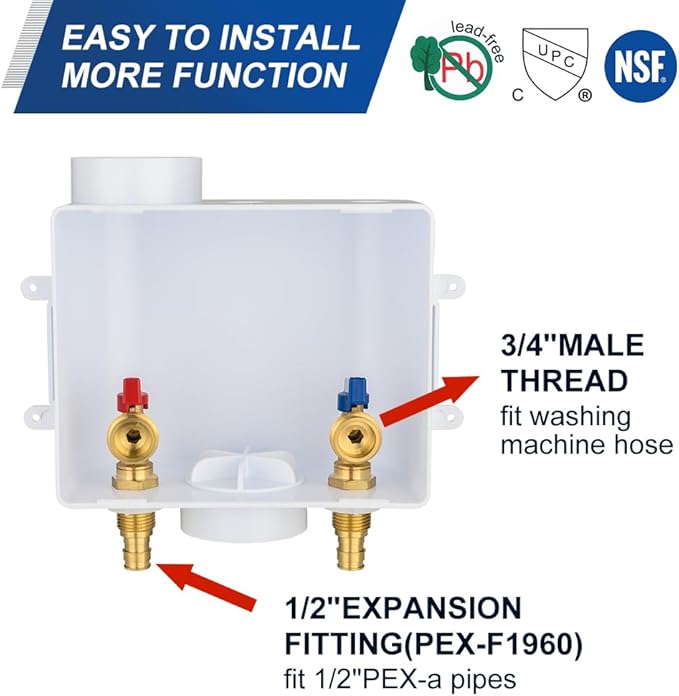 EFIELD Universal Washing Machine Outlet Box, 1/2-inch Pex-A Expansion Inlet x 3/4 inch MHT Outlet Connection, Center Drain,(WM049)