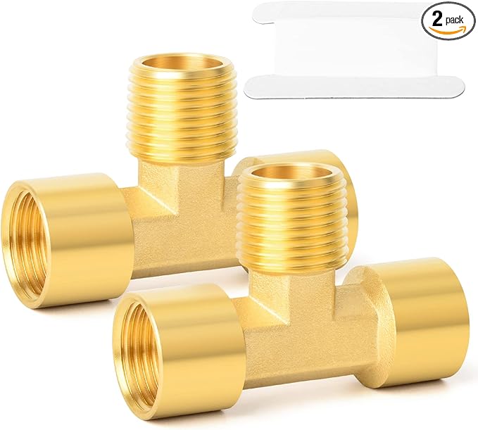 GASHER 2PCS Metals Brass Pipe Fitting Barstock Male Branch Tee T Adapter 3/8" Female x 3/8" NPT Female x 3/8" NPT Male