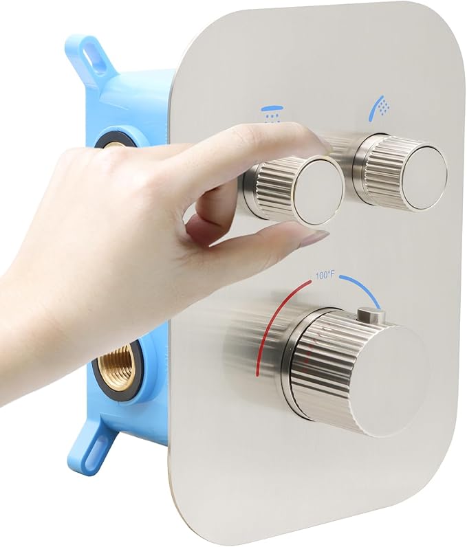 Thermostatic 2 Way Shower Diverter Valve Kit Brushed Nickel - Solid Brass, Adjustable Flow, Temperature Control Mixer Valve - Perfect for Bathroom Renovation（Brushed Nickel）