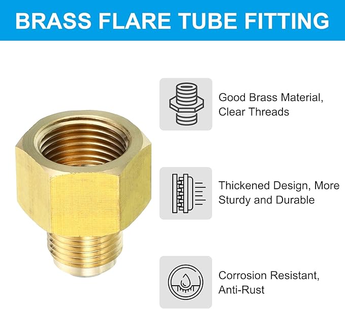 Patikil 1/2 Inch Female x 3/8 Inch Male Flare Connector, SAE 45 Degree Flare Brass Adapter for Air & Gas Line, HVAC