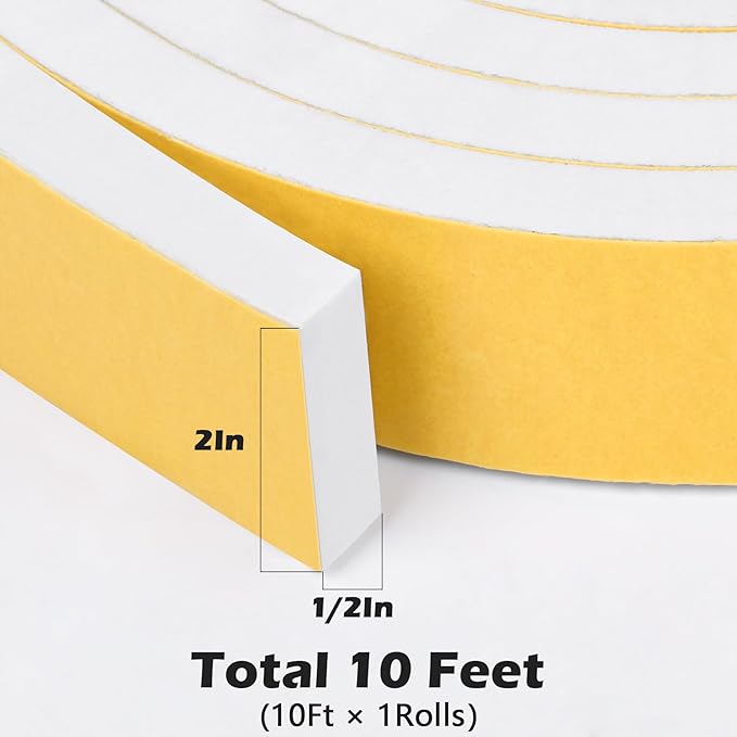 ToLanbbt White Door Window Weather Stripping Self Adhesive Foam Tape High Density Foam Sealing Strip Window Insulation Weatherproof Gasket Tape for Doors and Windows (2" W X 1/2" T X 10')