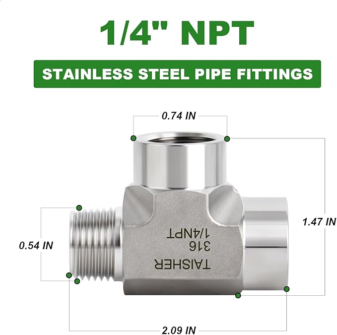 TAISHER 1PCS Forging of 316L Stainless Steel Tee Pipe Fittings, 1/4" NPT Female x 1/4" NPT Female x 1/4" NPT Male Pipe Fittings, Male Run Tee