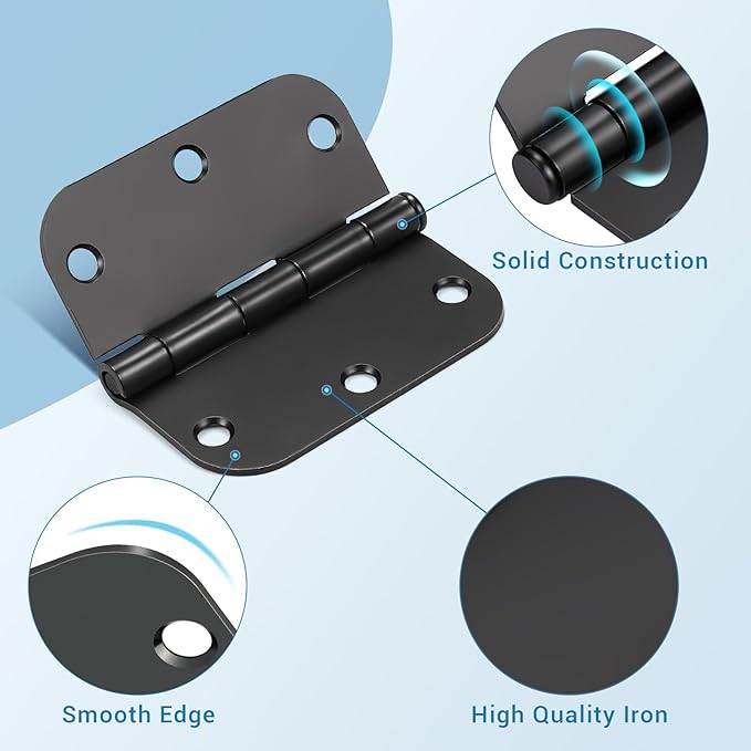 KNOBWELL 6 Pack Black Door Hinges, No Squeak 3.5" X 3.5" with 5/8" Radius Corner Interior Door Hinges with Black Finish