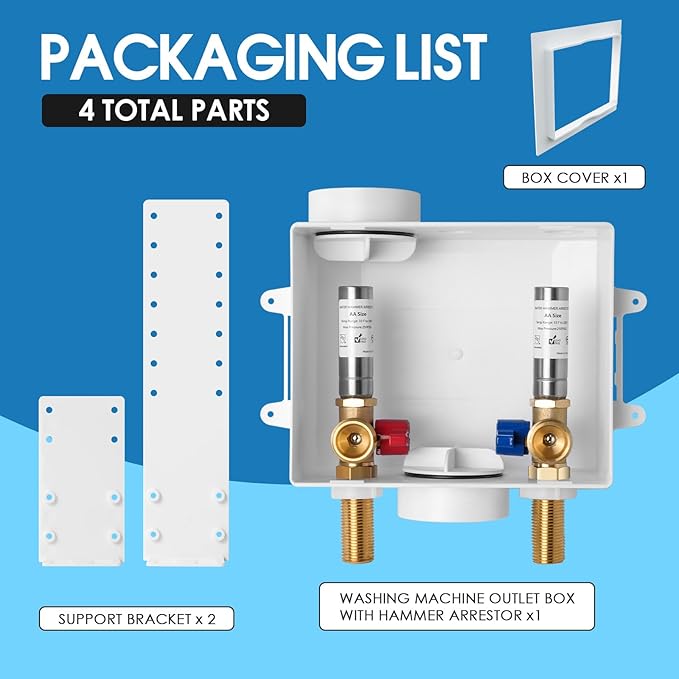 Washing Machine Outlet Box with Stainless Steel Water Hammer Arrestor, 1/2 Inch MIP&Sweat x3/4 Inch MHT with Center Drain, Washer Faucet Recessed Box, Laundry Washer Valve Outlet Box