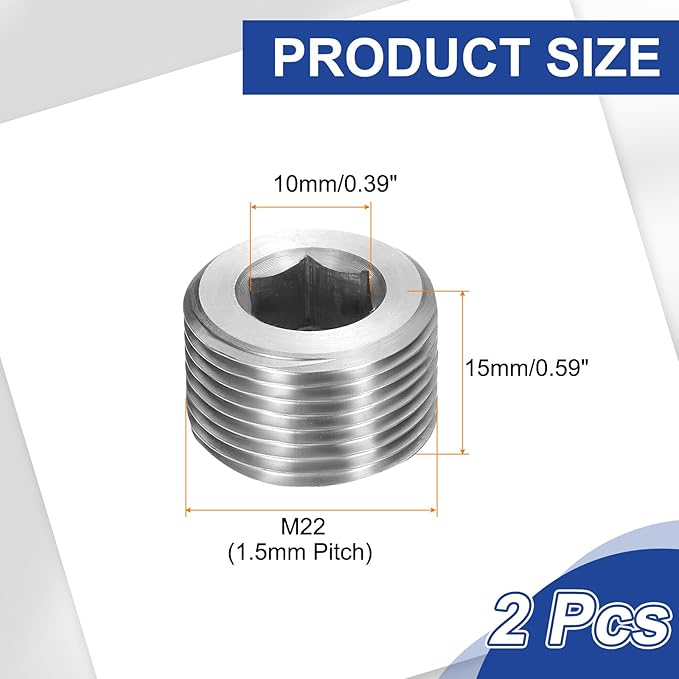 PATIKIL 2 Pcs 304 Stainless Steel Pipe Plug M22 x 1.5 Male Internal Hex Thread Socket Pipe Plug Hex Countersunk Pipe Fitting for Sealing Water Oil Gas Pipeline, Silver