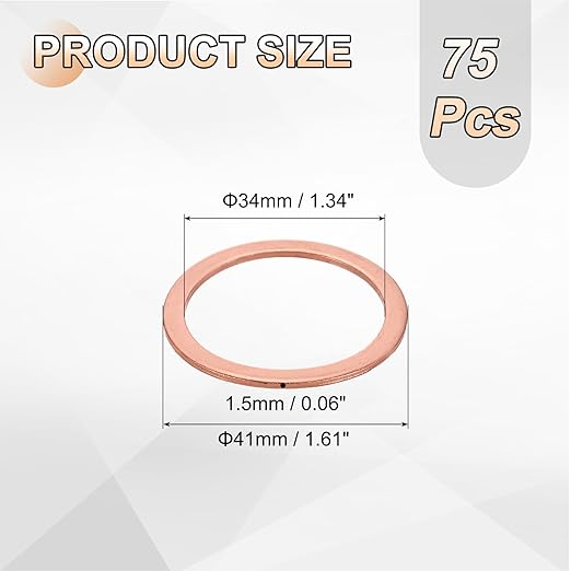 uxcell 75Pcs M34 Flat Washer Copper Washer Sealing Rings, 34mm ID 41mm OD 1.5mm Thickness Copper Crush Washers Metric Sealing Gasket for Plumbing Machinery Automotive