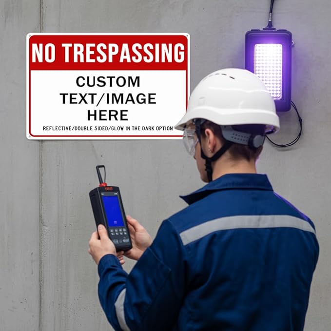 Custom No Trespassing Sign, Glow in the Dark/Reflective Option, 16''x12'' Personalized Large Aluminum Warning Signs, Customize for Business, Yard, Garden, School, Indoor/Outdoor Use