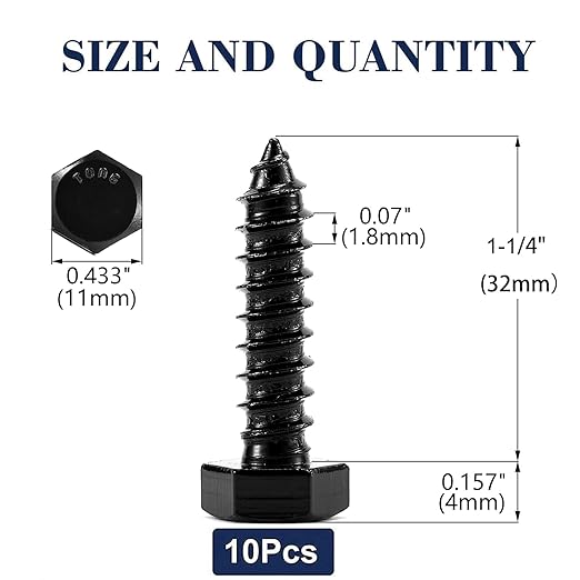 1/4" x 1-1/4" Hex Head Lag Screws Bolts 10Pcs 304 Stainless Steel 18-8, Partial Thread, Hexagon Head Wood Screws Black Oxide by SG TZH