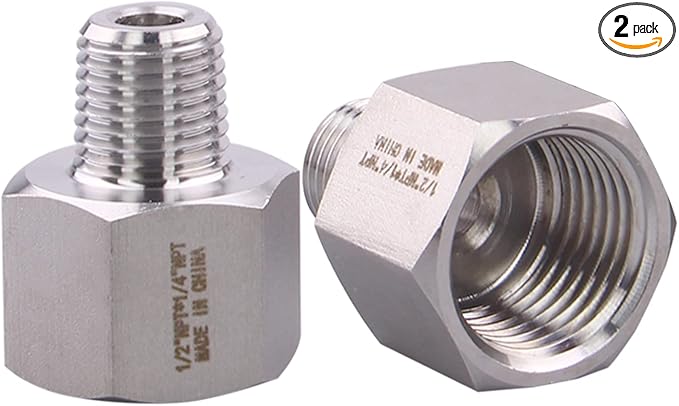 Forged Reducer Adapter Fitting - Stainless Steel 304 Reducing Pipe Connector, 1/2" NPT Female x 1/4" NPT Male (pack of 2)